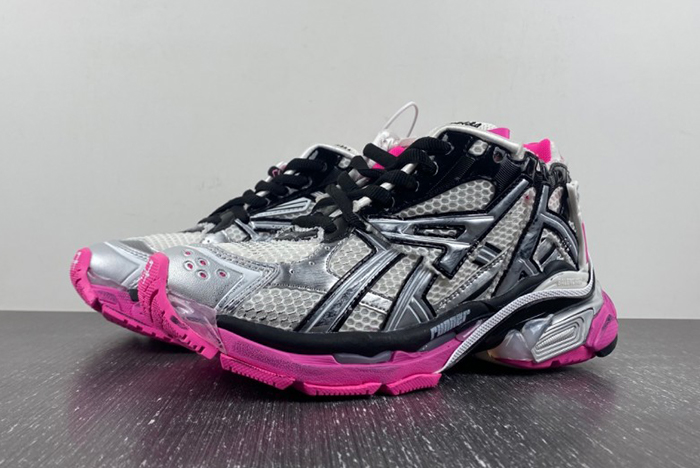 BALENCIAGA -Runner 7.0 in neon pink, black, grey and black mesh and nylon 677402 W3RBW 9155